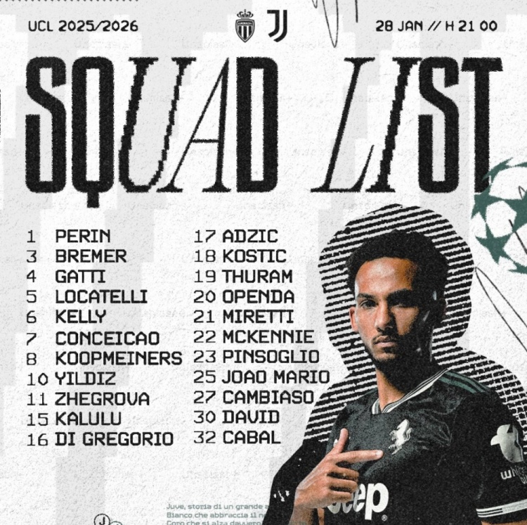 尤文vs摩纳哥欧冠名单:伊尔迪兹领衔,戴维、布雷默、孔塞桑在列